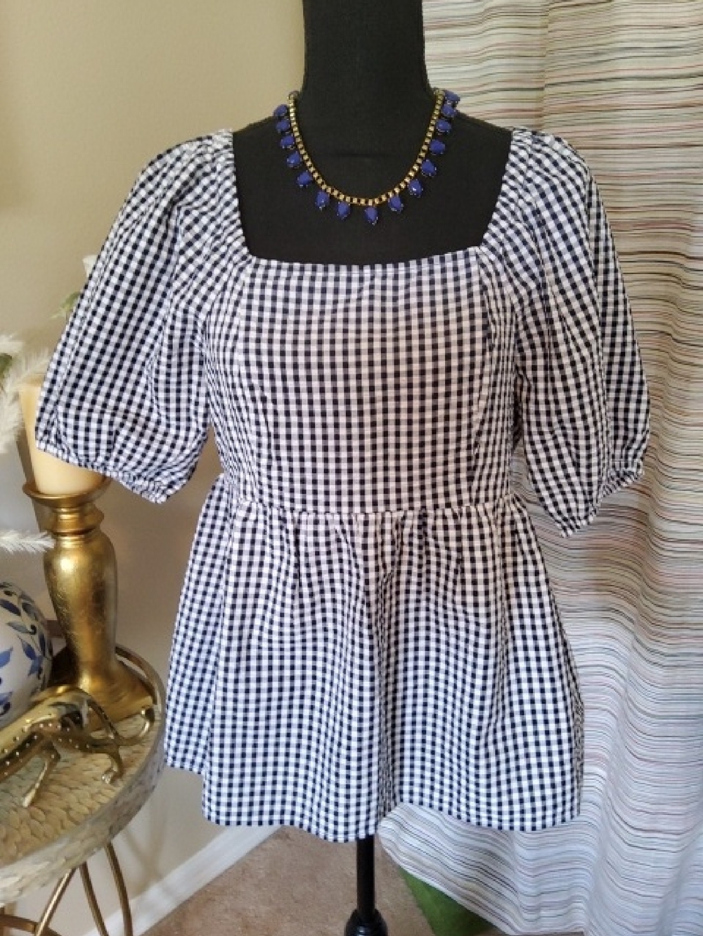 Nautica Navy and White Gingham Smocked Waist Top.